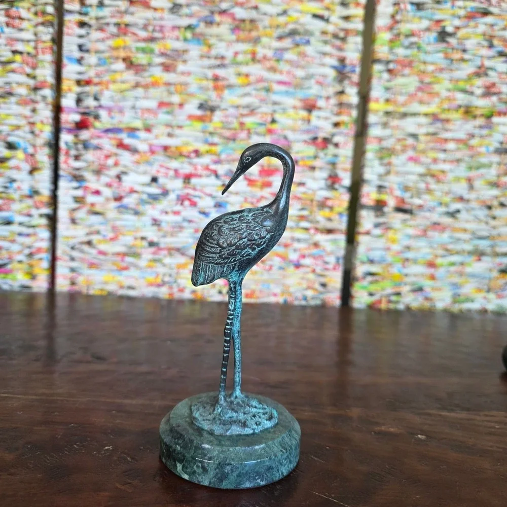 Vintage Bronze Heron Crane Figurine Sculpture on Green Marble Base Verdigris